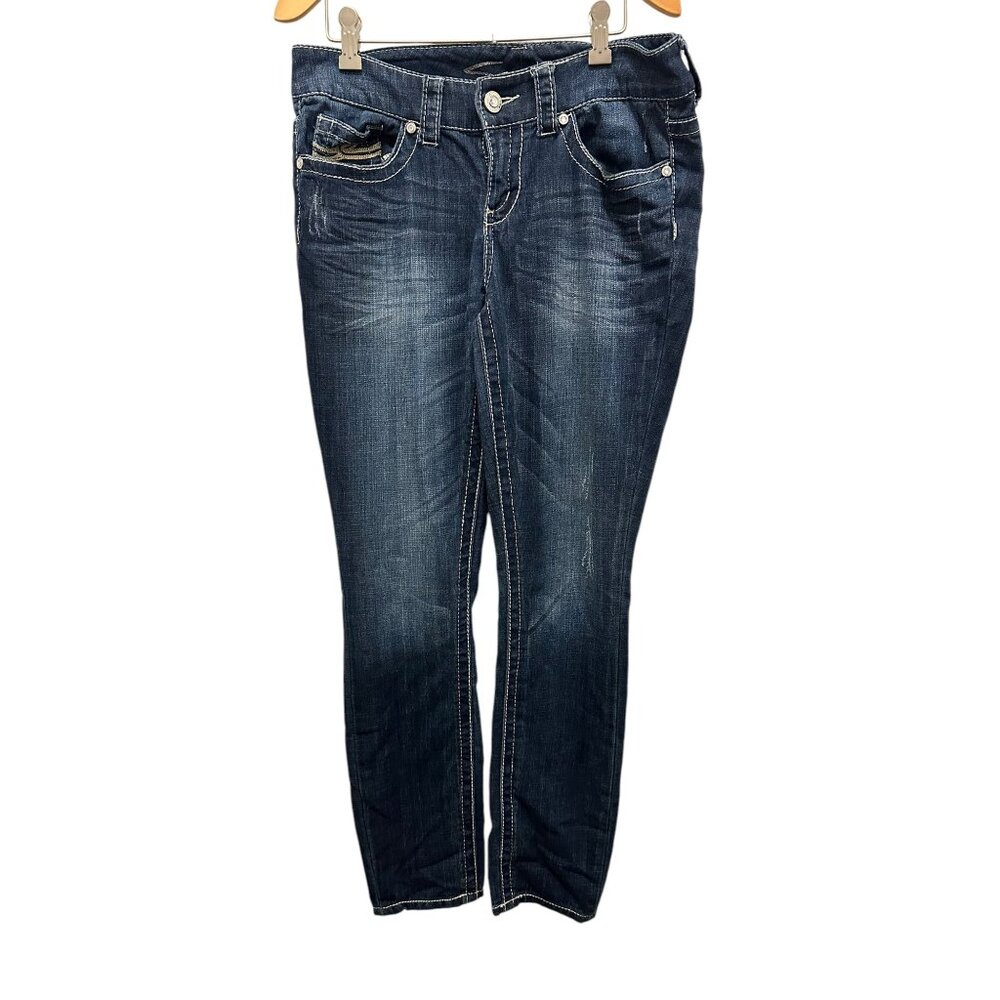 Seven7 Womens Distressed Denim Jeans Size 8 Classic Fit Cotton Blend Dark Wash